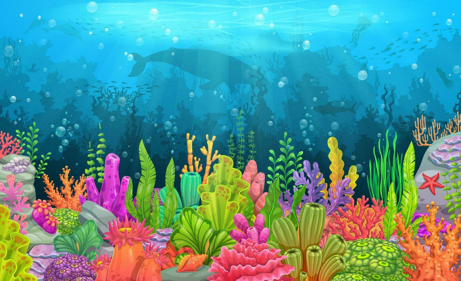 sous-marin paysage avec dessin animé algues algues vecteur