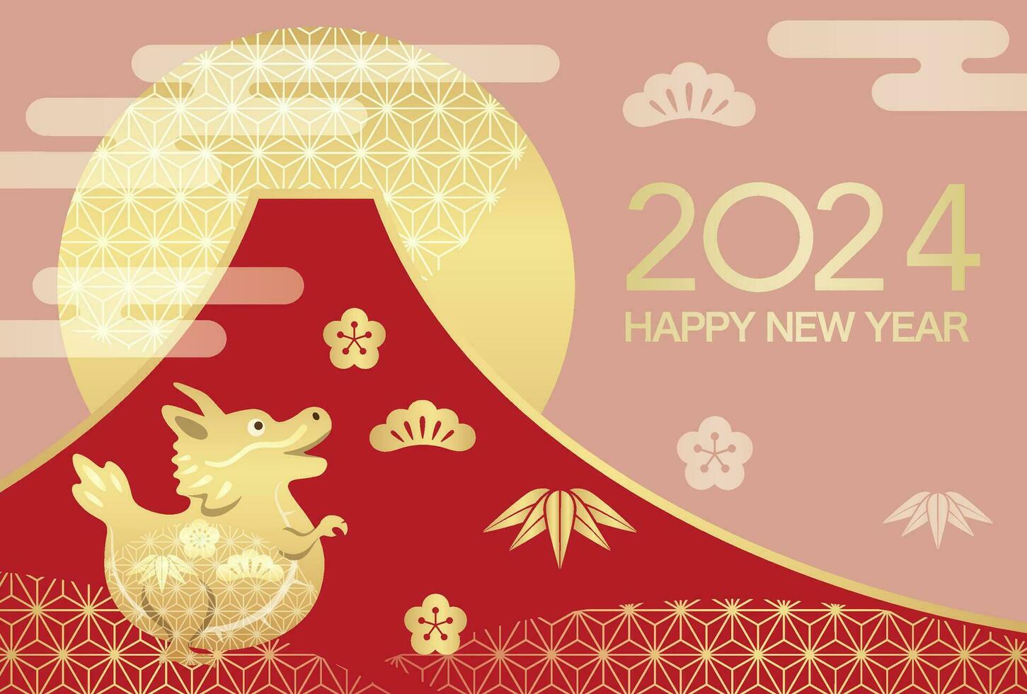 2024, année de le dragon, Nouveau année salutation carte vecteur modèle avec mt. Fuji, en hausse soleil, et une ancien dragon mascotte décoré avec ancien Japonais motifs.