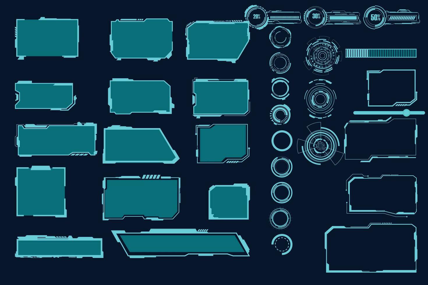 pack d'éléments hud d'interface numérique. interface utilisateur, écrans de cadre. titres de légendes, jeu de cercles fui, barres de chargement. écran de technologie de réalité du tableau de bord. vecteur