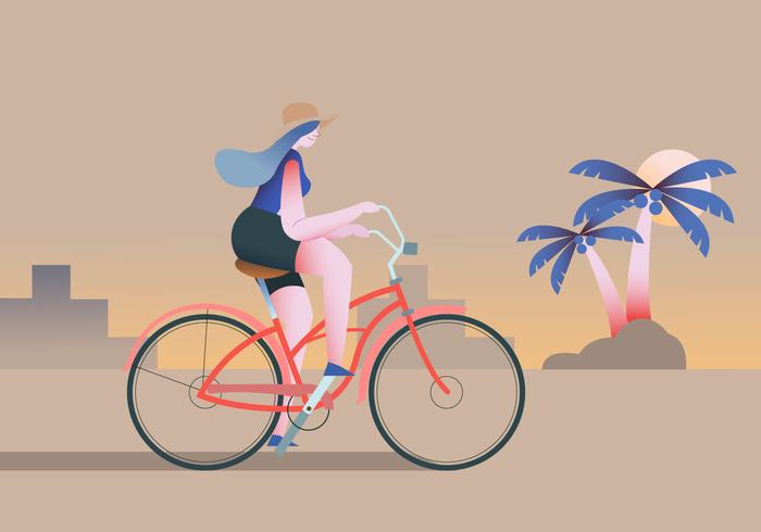 Fille, vélo, à, plage, plat, caractère, vecteur