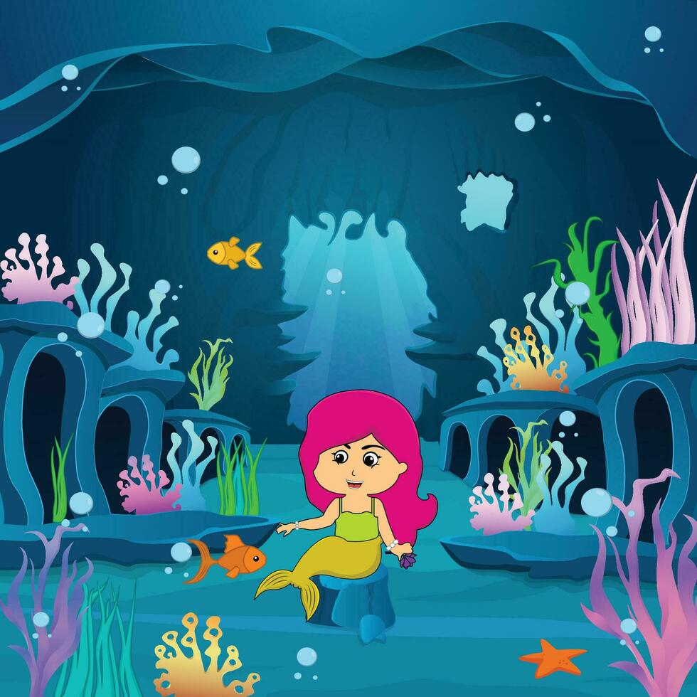 océan sous-marin avec mignonne peu Sirène asseoir dans une grotte, océan sous-marin monde, océan la nature habitants, Marin vie, sous-marin vecteur Contexte