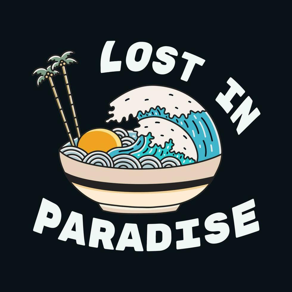 perdu dans paradis été avec des illustrations de vagues et vues de le plage cette sont similaire à une nouille et soupe dans une bol. t chemise autocollant vecteur illustration