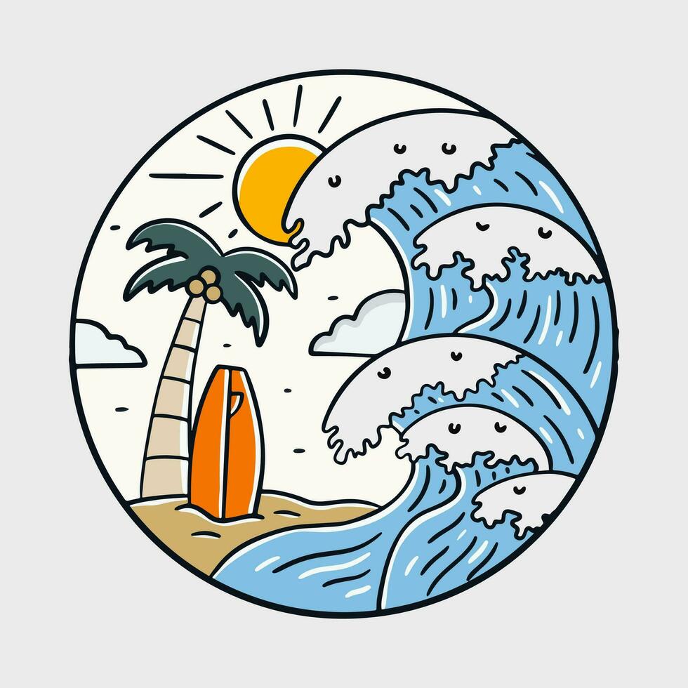 le vague, noix de coco arbre et planche de surf dans été temps vecteur art. conception pour T-shirt, badge, et autocollant vecteur illustration