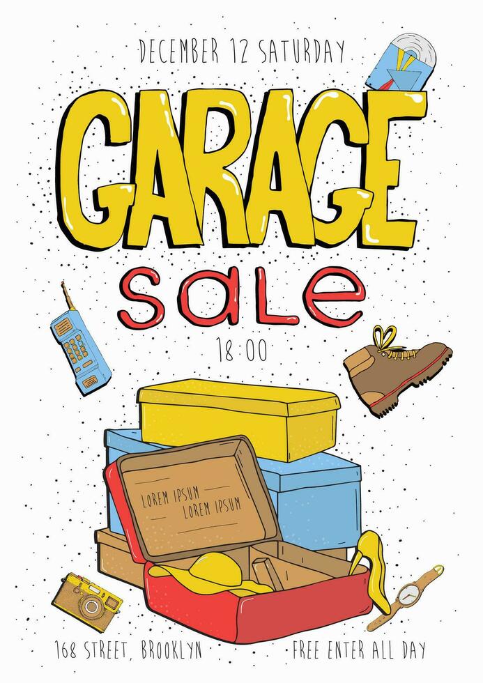 garage vente affiche, un événement invitation. main tiré coloré illustration avec vieux marchandises. vecteur