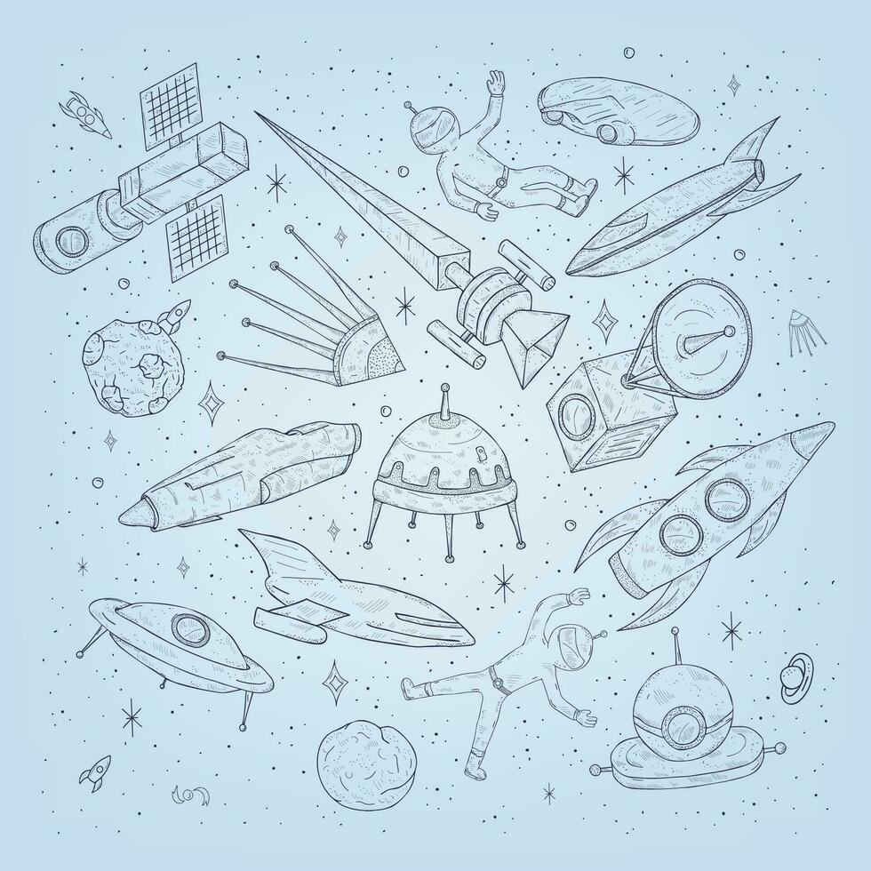 main tiré dessin animé espace planètes, navettes, fusées, satellites, cosmonaute et autre éléments. ensemble griffonnages cosmique symboles et objets. vecteur