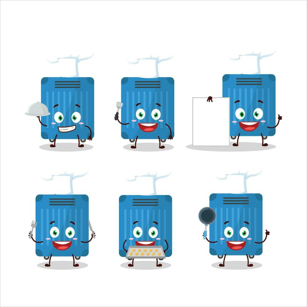 dessin animé personnage de bleu bagages avec divers chef émoticônes vecteur