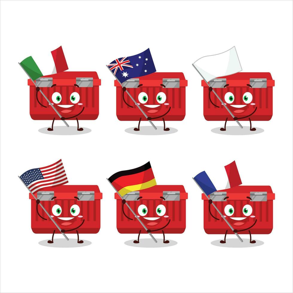 rouge boîte à outils dessin animé personnage apporter le drapeaux de divers des pays vecteur