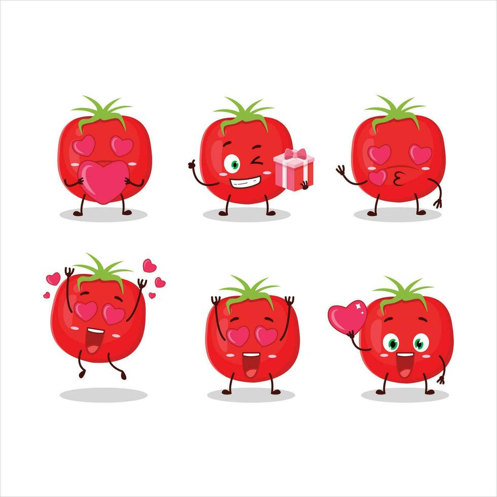 tomate dessin animé personnage avec l'amour mignonne émoticône vecteur