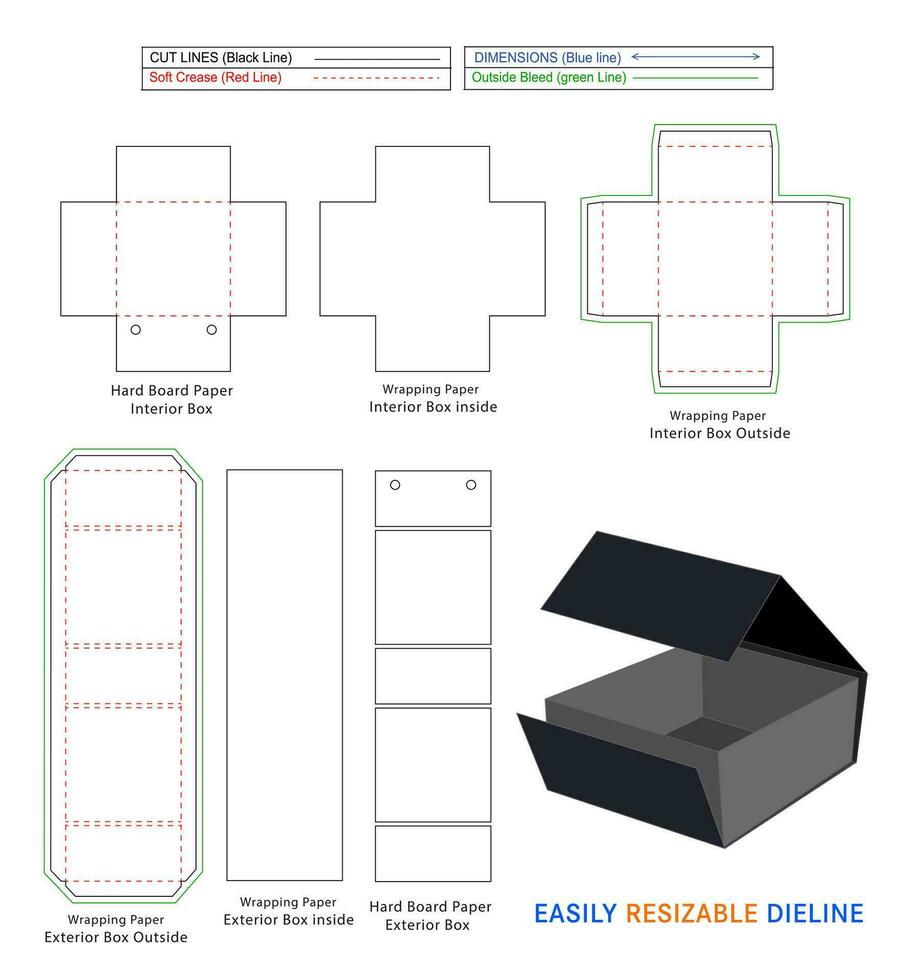 cinq visage magnétique plus proche rigide boîte, Douane luxe rigide des boites dieline modèle et 3d boîte vecteur