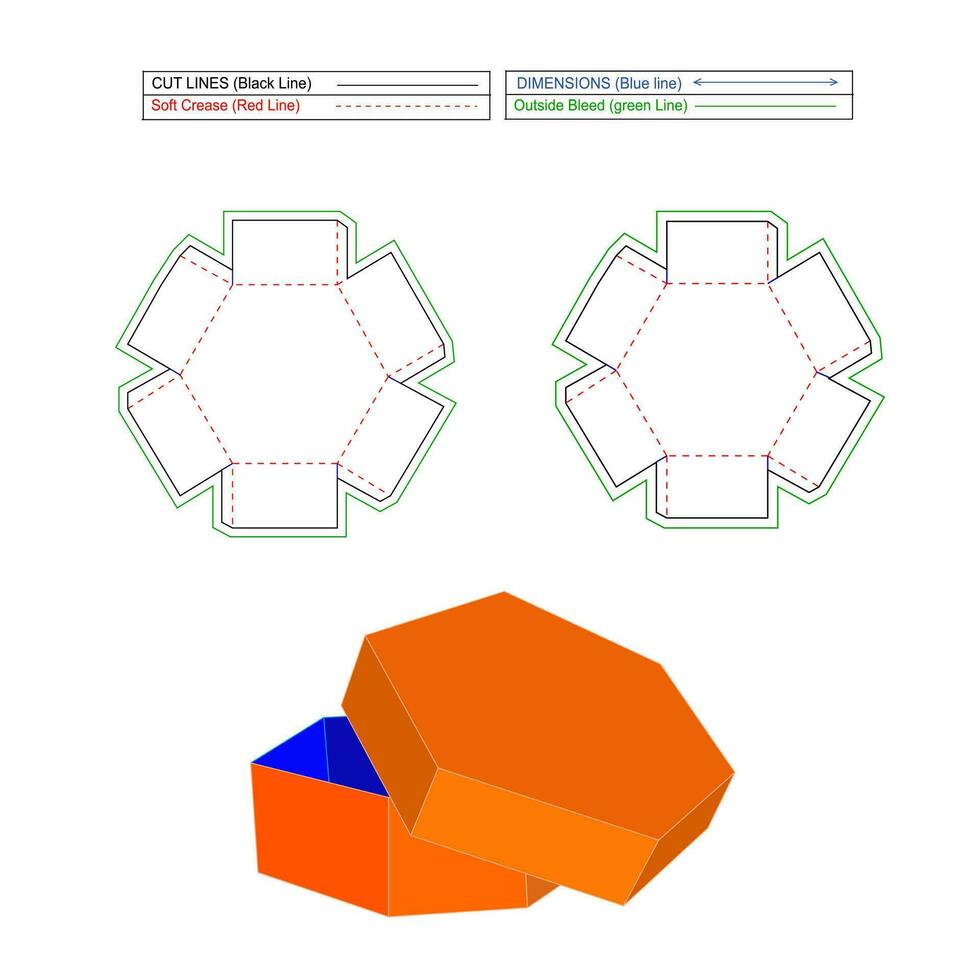 hexagone boîte dieline modèle et 3d rendre, modifiable et redimensionnable vecteur fichier