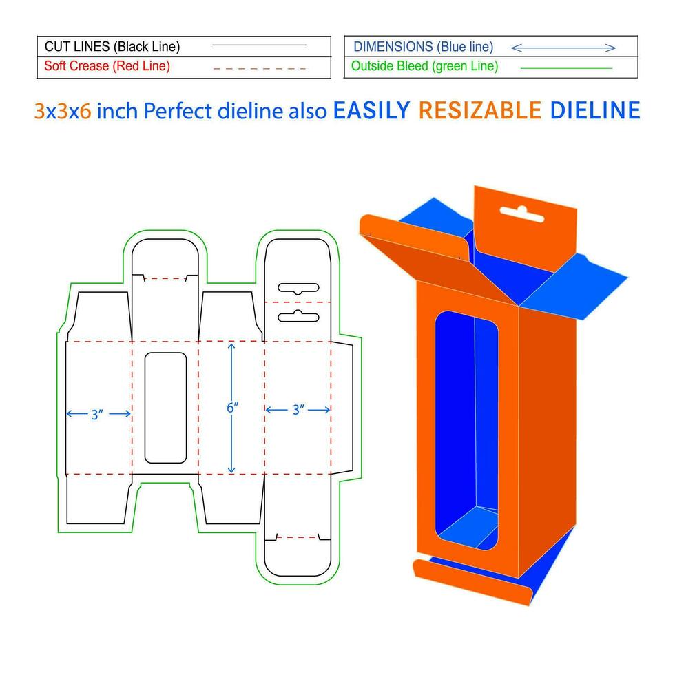 pendaison fenêtre boîte, casser fermer à clé mobile chargeur boîte, 3x3x6 pouce boîte dieline emballage conception et 3d boîte vecteur