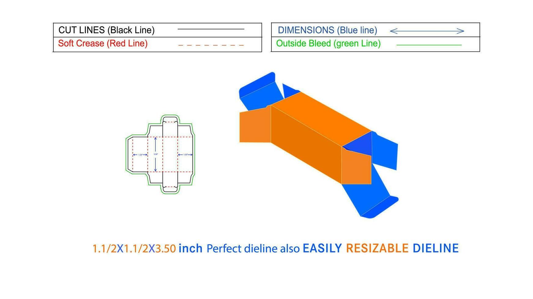 Douane tout droit replier fin boîte 1.50x1.50x3.50 pouce dieline modèle et 3d vecteur fichier