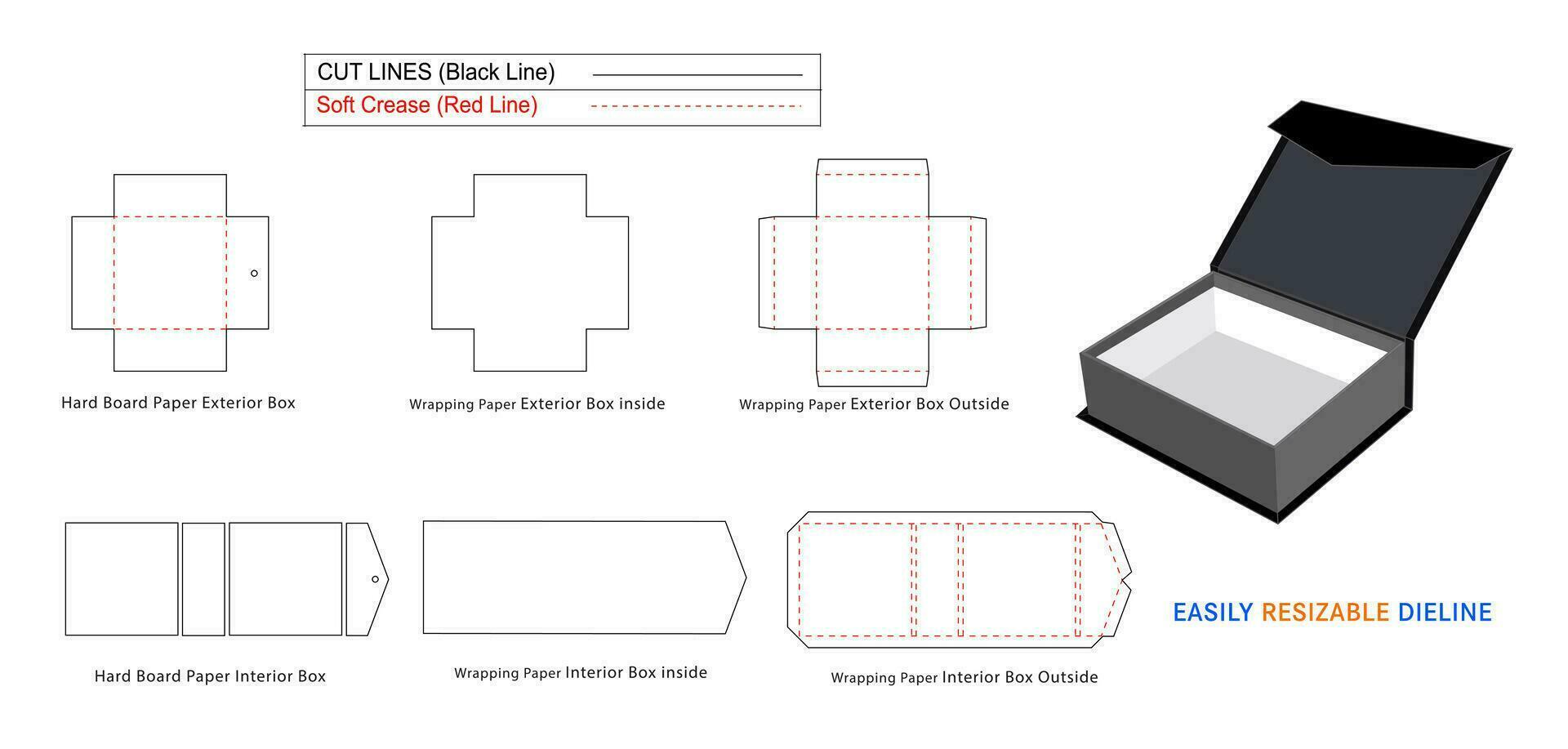 Triangle visage luxe rigide boîte, magnétique rigide des boites dieline modèle et 3d boîte vecteur