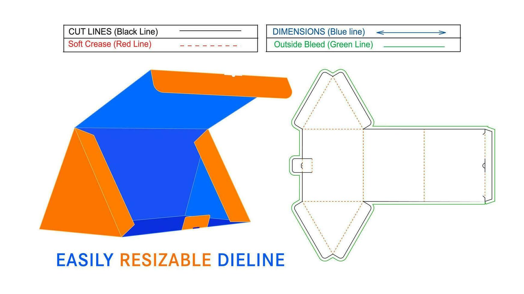 Triangle boîte emballage dieline modèle et 3d rendre, redimensionnable et modifiable vecteur fichier