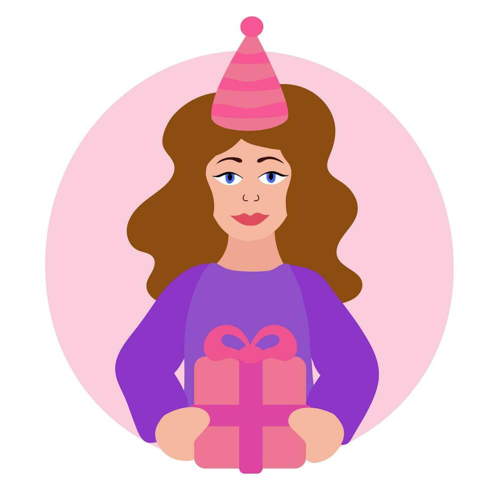 anniversaire femme avec fête chapeau. fille en portant cadeau boîte. vecteur plat illustration