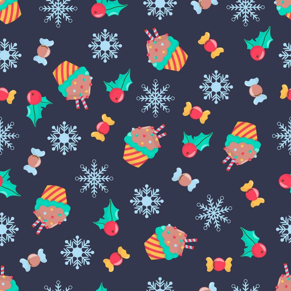mignonne dessin animé vacances hiver sans couture vecteur modèle illustration avec avec flocons de neige, des sucreries, muffins et du gui. foncé bleu Contexte.