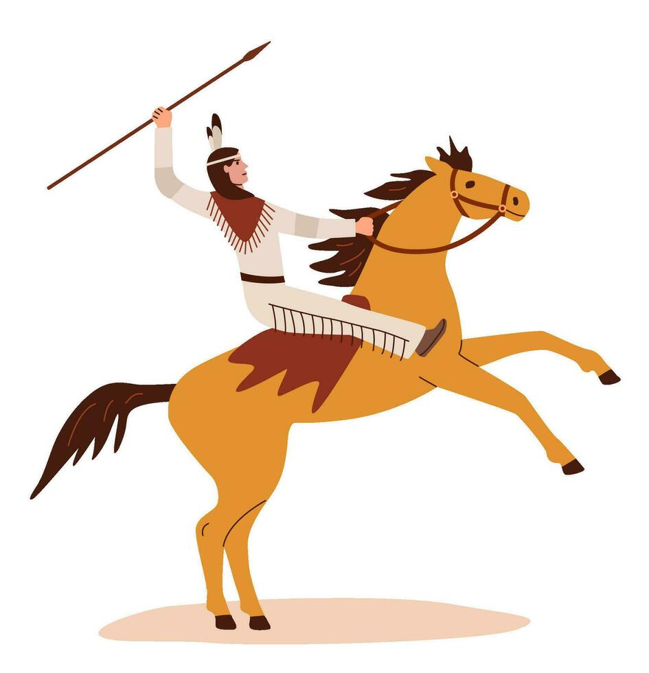 américain Indien homme portant ethnique vêtements avec lance dans main séance sur cheval. indigène gens de Amérique. cavalier ou à cheval cavalier. vecteur