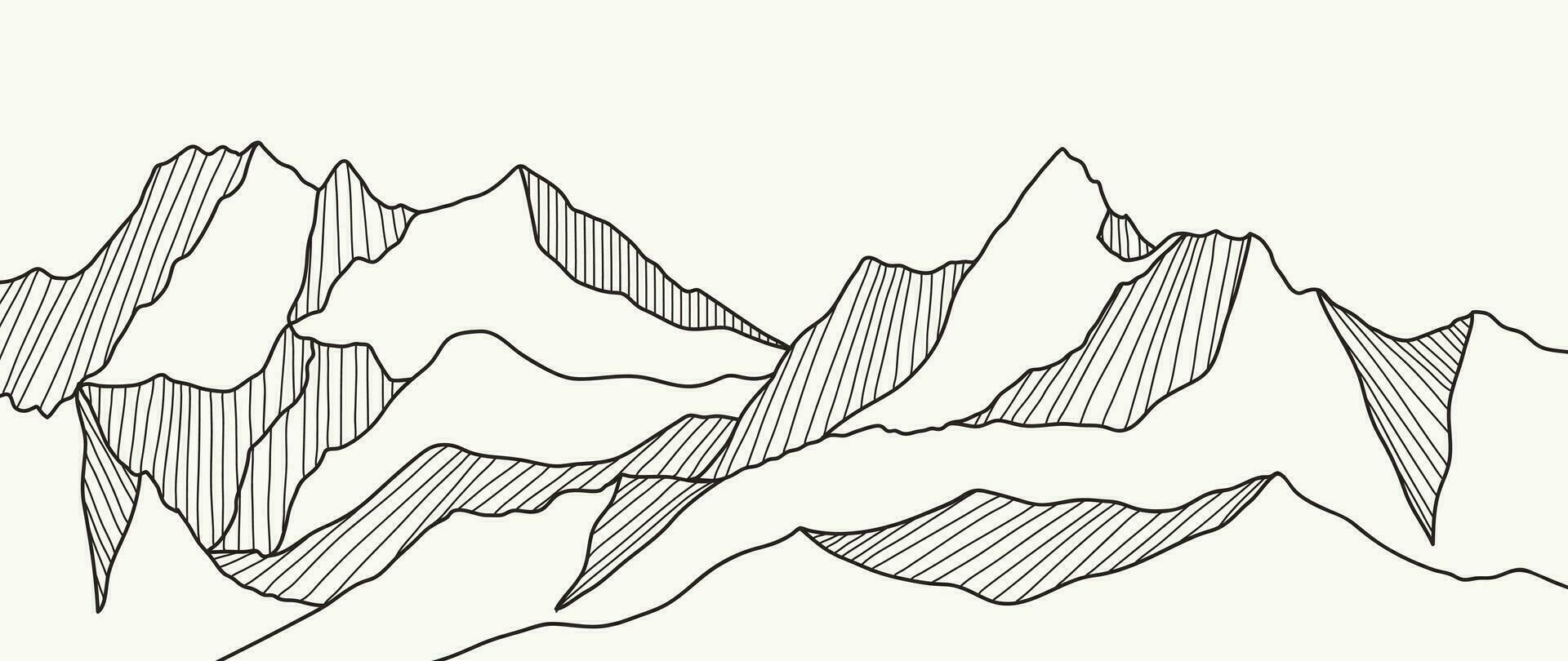 noir et blanc Montagne ligne art fond d'écran. contour dessin luxe scénique paysage Contexte conception illustration pour couverture, invitation arrière-plan, emballage conception, tissu, bannière et imprimer. vecteur