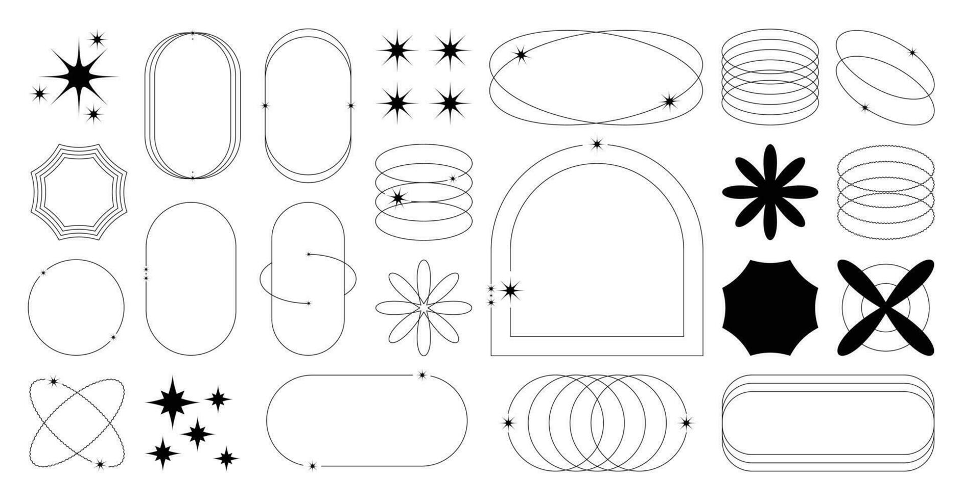 ensemble de géométrique formes dans branché Années 90 style. noir branché conception avec cadre, scintille, fleur, lignes. y2k esthétique élément illustré pour bannières, social médias, affiche conception, autocollant. vecteur
