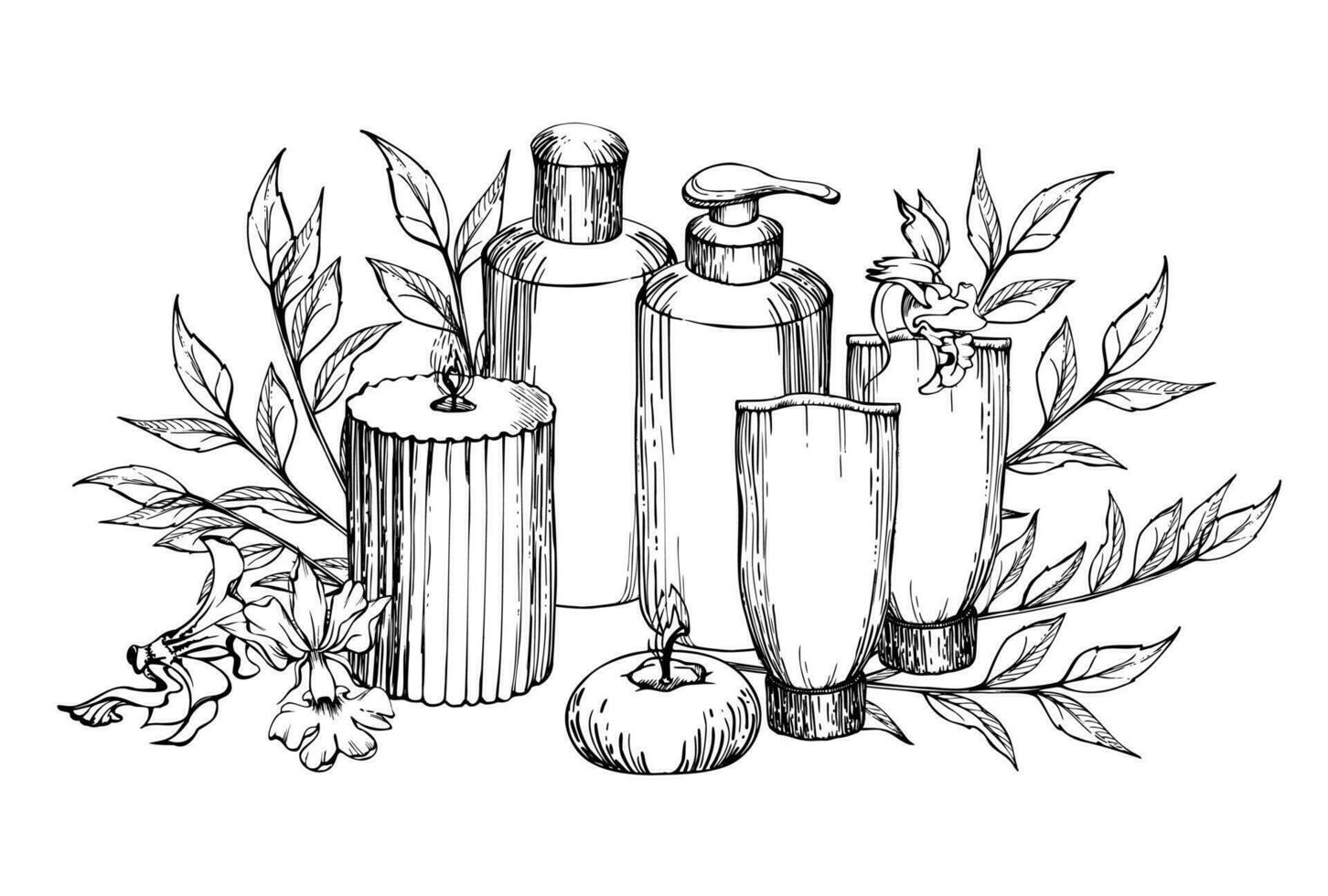 main tiré vecteur encre spa soin de la peau une baignoire beauté des produits paquet fleurs. horizontal composition isolé sur blanc Contexte. conception pour mur art, bien-être station balnéaire, imprimer, tissu, couverture, carte, brochure.