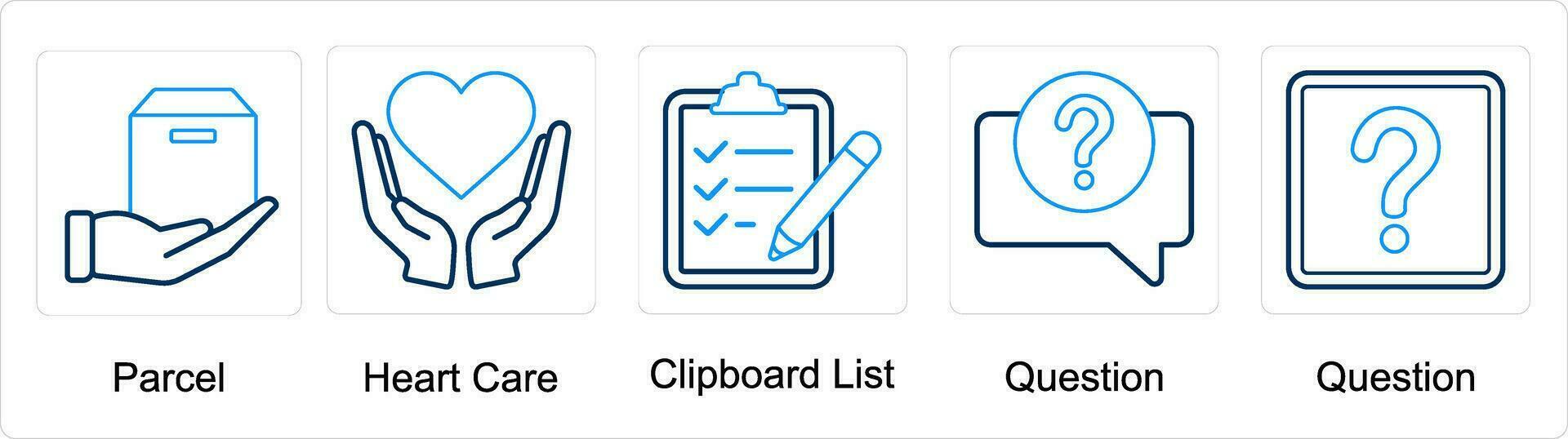 une ensemble de 5 mélanger Icônes comme colis, cœur se soucier, presse-papiers liste, question vecteur