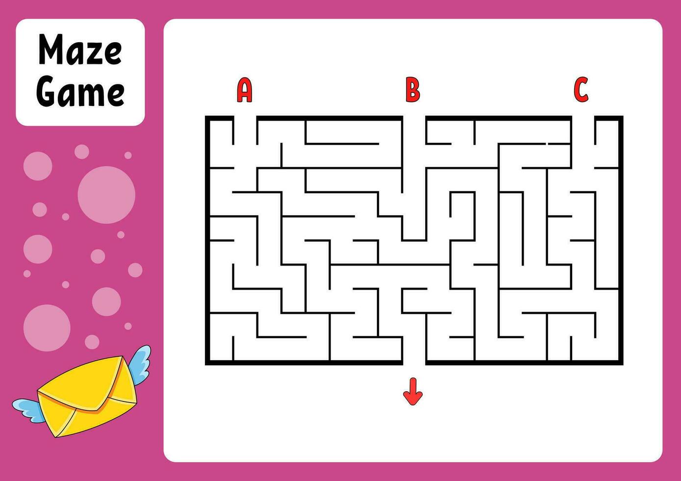 labyrinthe rectangulaire. jeu pour les enfants. trois entrées, une sortie. feuille de travail de l'éducation. casse-tête pour les enfants. énigme du labyrinthe. trouver le bon chemin. personnage de dessin animé. illustration vectorielle. vecteur