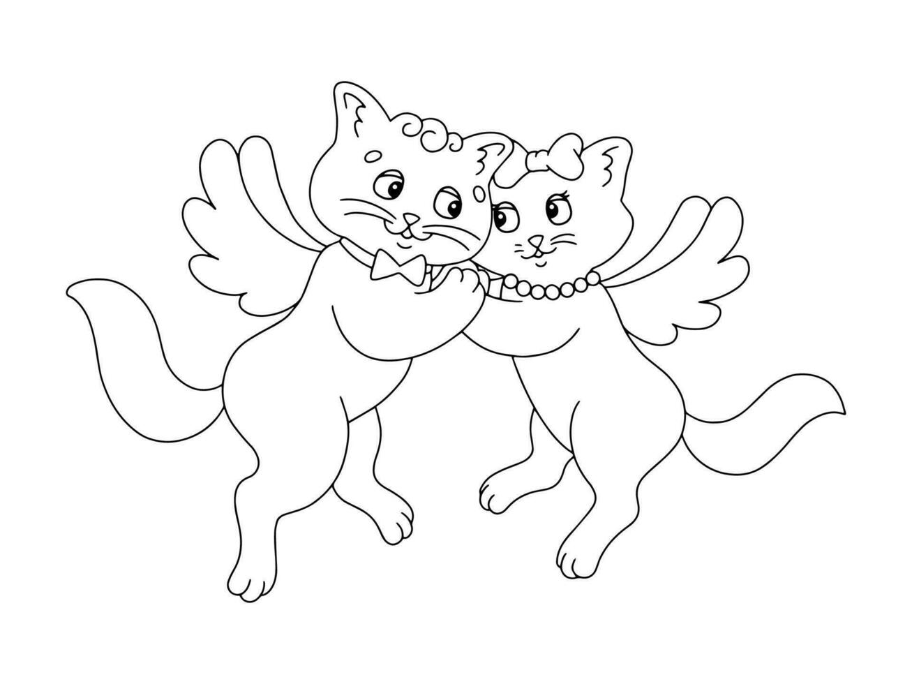 joli couple de chats avec des ailes. page de livre de coloriage pour les enfants. personnage de style dessin animé. illustration vectorielle isolée sur fond blanc. La Saint-Valentin. vecteur