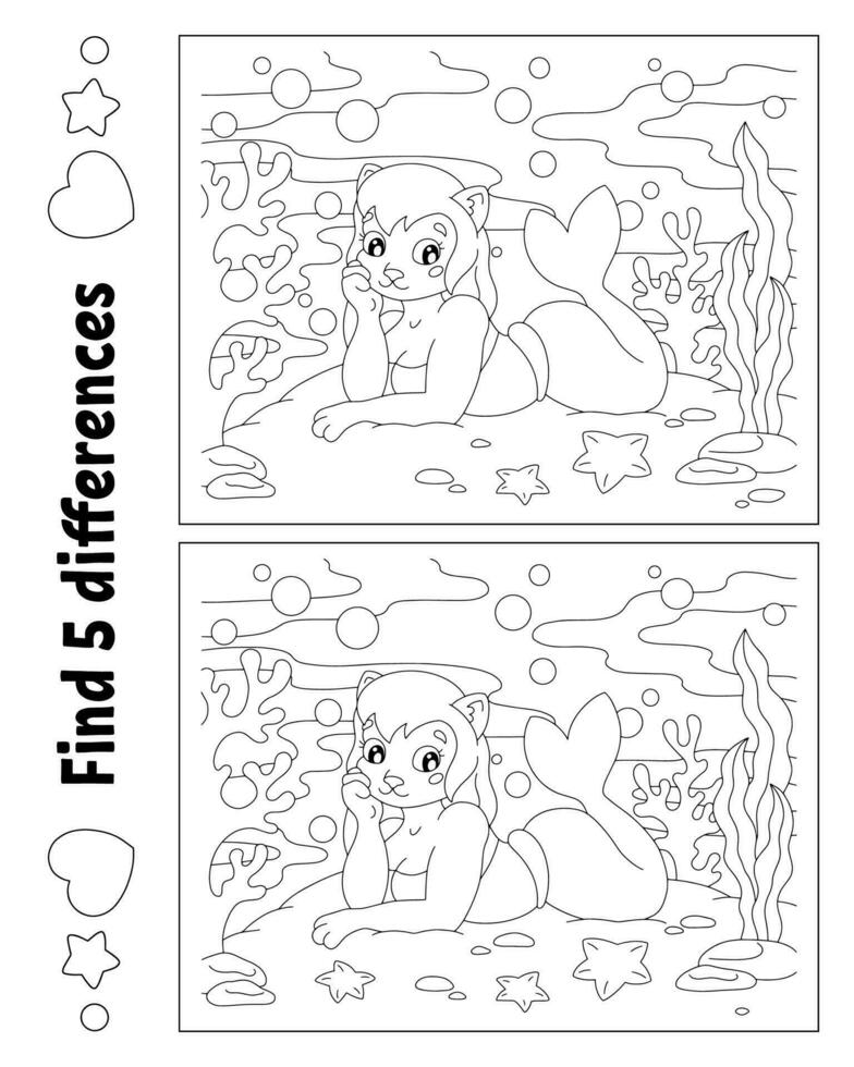 trouver cinq différences. page de coloriage pour les enfants. feuille de travail d'activité pour les enfants. illustration vectorielle isolée sur fond blanc. vecteur