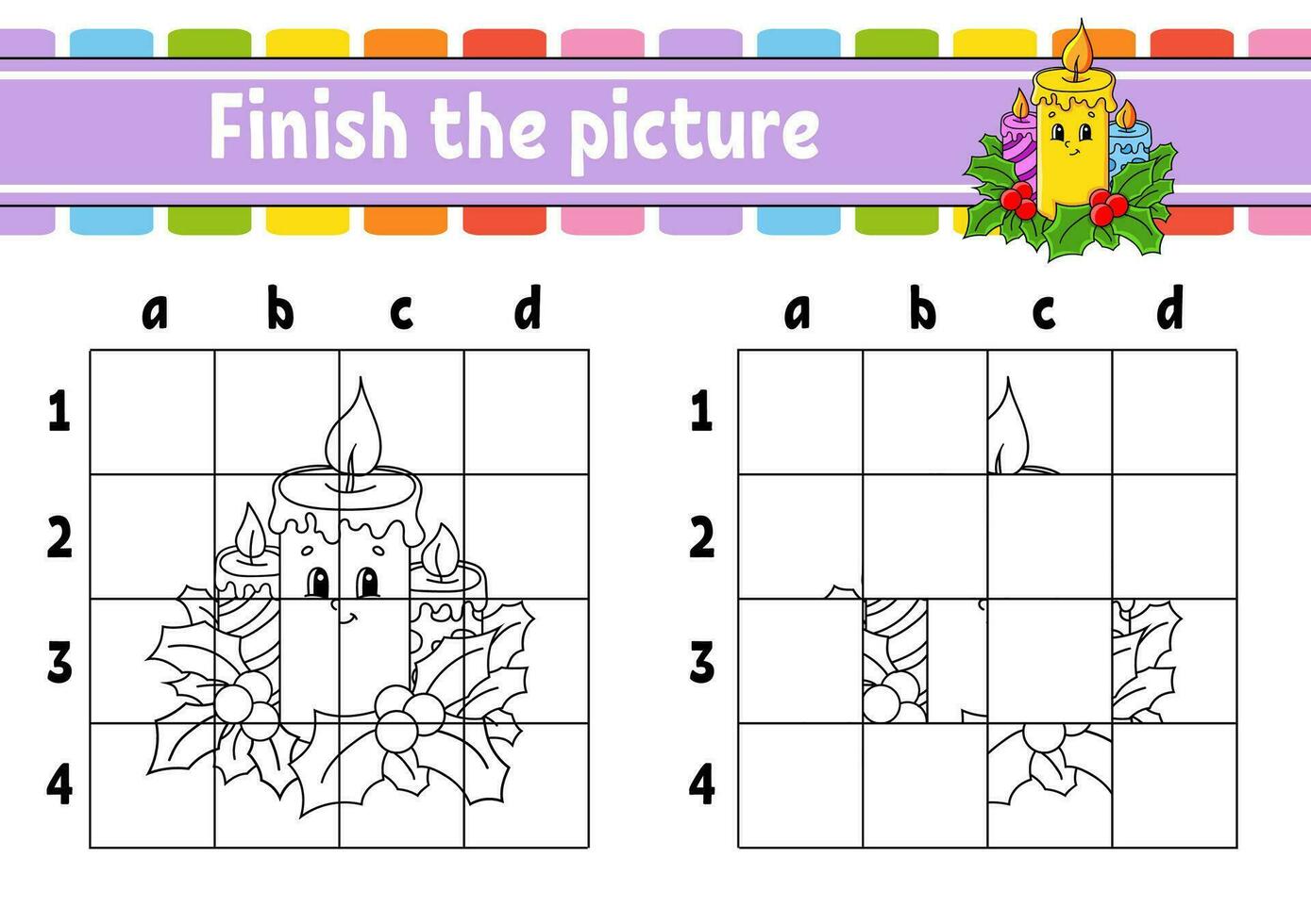 terminer l'image. pages de livre de coloriage pour les enfants. feuille de travail de développement de l'éducation. jeu pour les enfants. pratique de l'écriture manuscrite. personnage de dessin animé. illustration vectorielle. vecteur