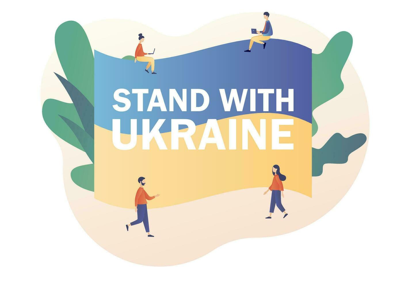 minuscule gens avec drapeau de Ukraine. supporter avec Ukraine sur bleu et Jaune ukrainien drapeau. Arrêtez guerre. non guerre. moderne plat dessin animé style. vecteur illustration sur blanc Contexte