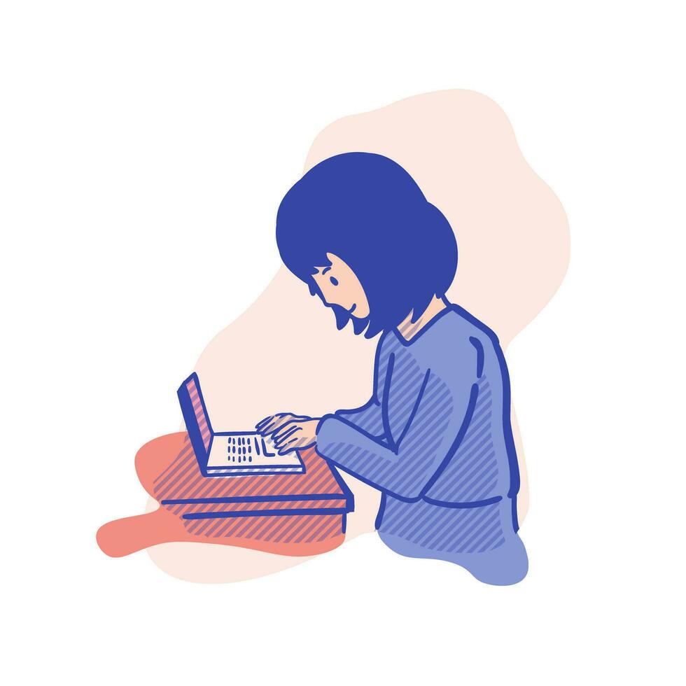 Jeune femme travail sur une portable. vecteur illustration dans une plat style.