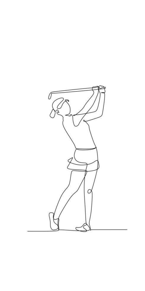 continu ligne dessin de une femme frappe une le golf Balle vecteur