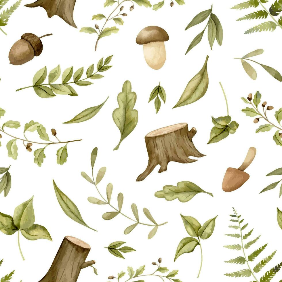 des bois sans couture modèle avec forêt feuilles et champignons. main tiré aquarelle ornement sur blanc isolé Contexte avec branches et moignons pour puéril emballage papier ou bébé textile conception vecteur