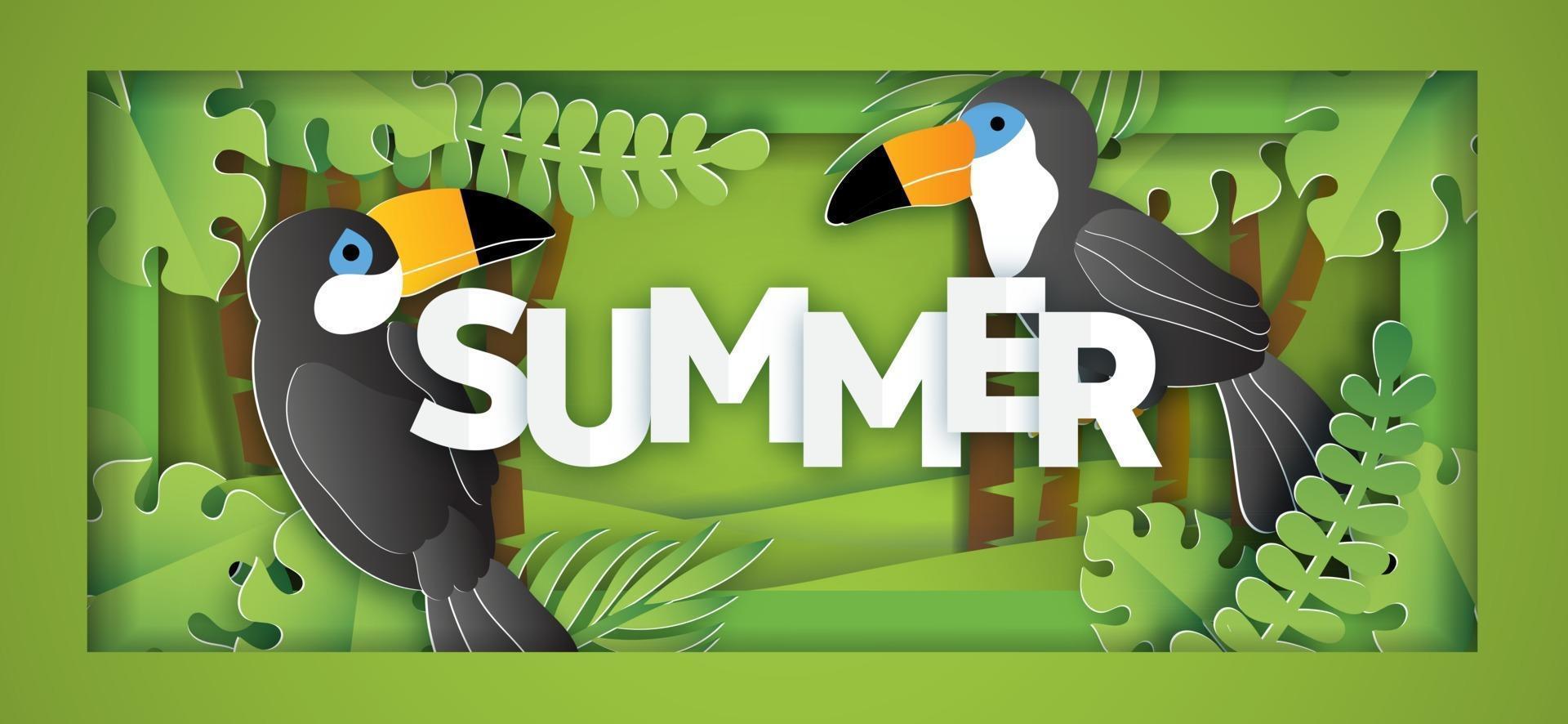 bannière de vente d'été tropical avec oiseau dans un style découpé en papier vecteur
