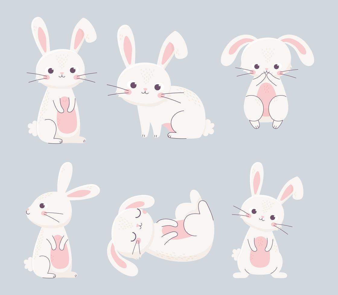 joyeux pâques lapins différentes poses personnages de dessins animés vecteur
