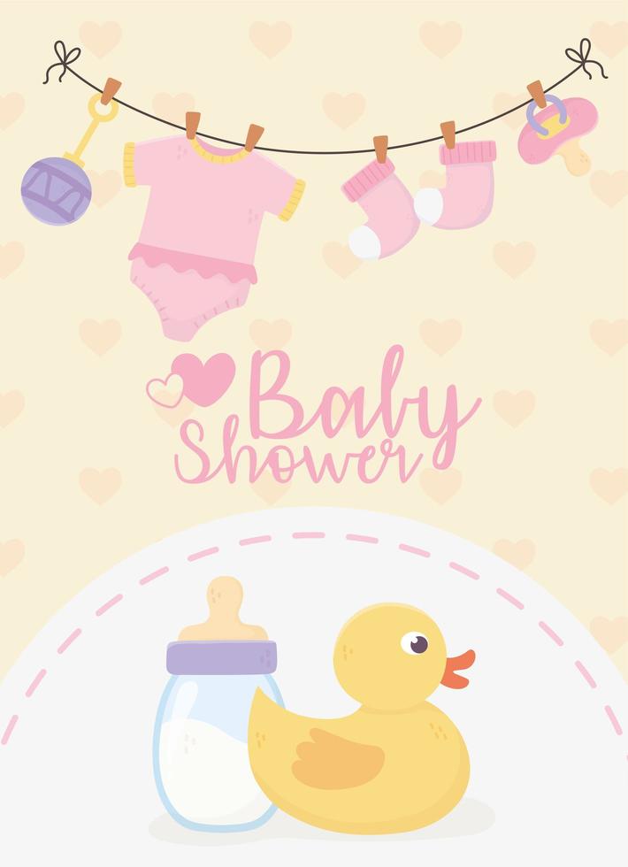 baby shower, biberon de canard et body rose chaussettes sucette carte de célébration vecteur