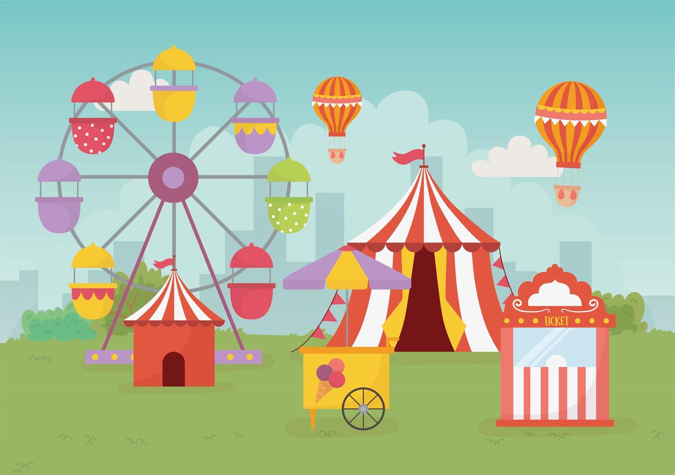 fête foraine carnaval tente montgolfière stand billets grande roue loisirs divertissement vecteur