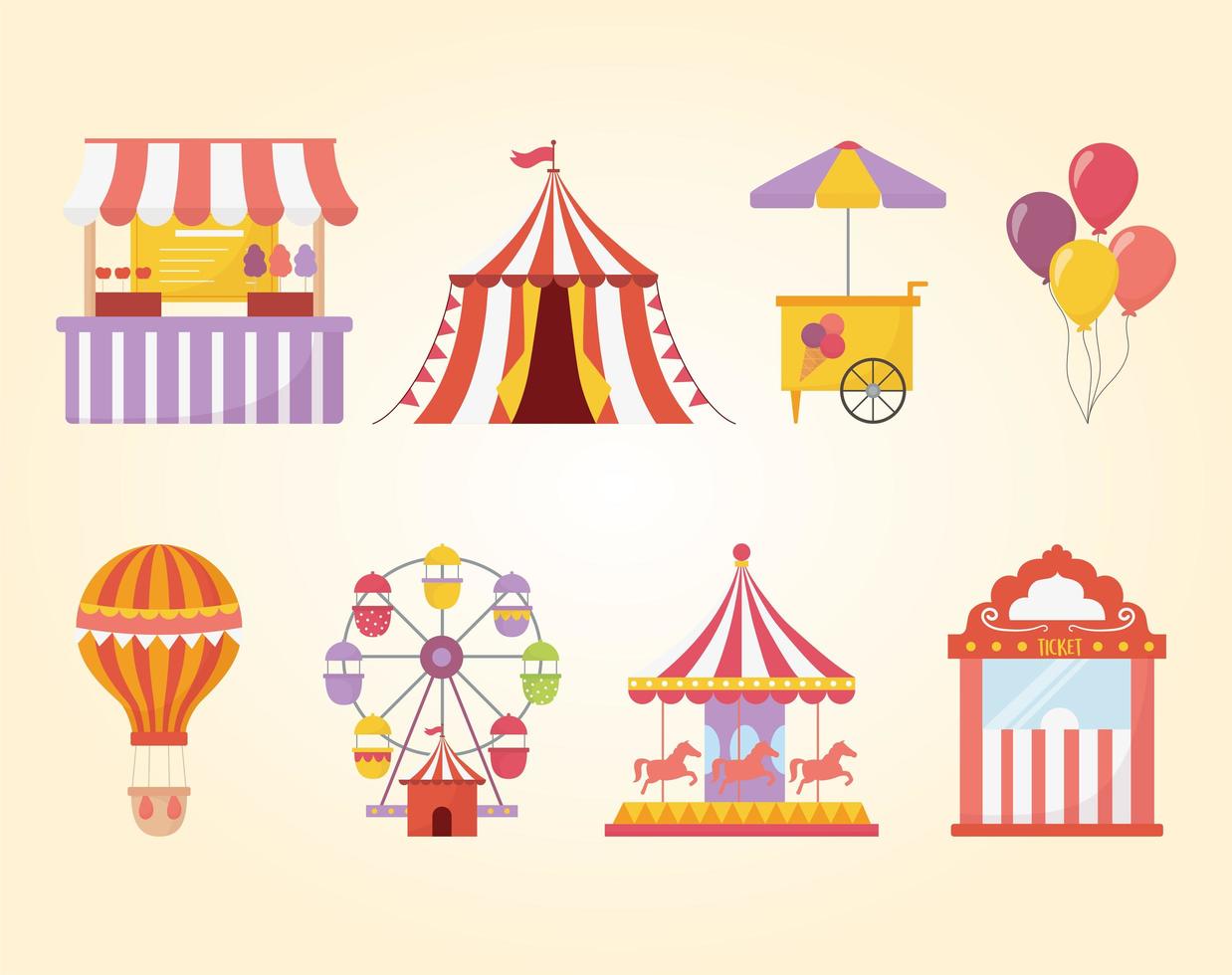 fête foraine carnaval des loisirs tente carrousel nourriture crème glacée montgolfière vecteur