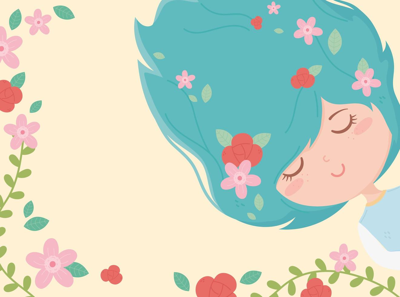 jeune femme, fleurs délicates, dans, cheveux, nature, dessin animé vecteur