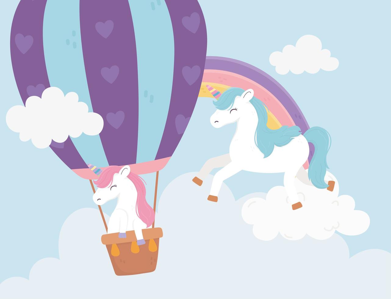 licornes volant montgolfière et nuages ciel fantaisie rêve magique dessin animé mignon vecteur