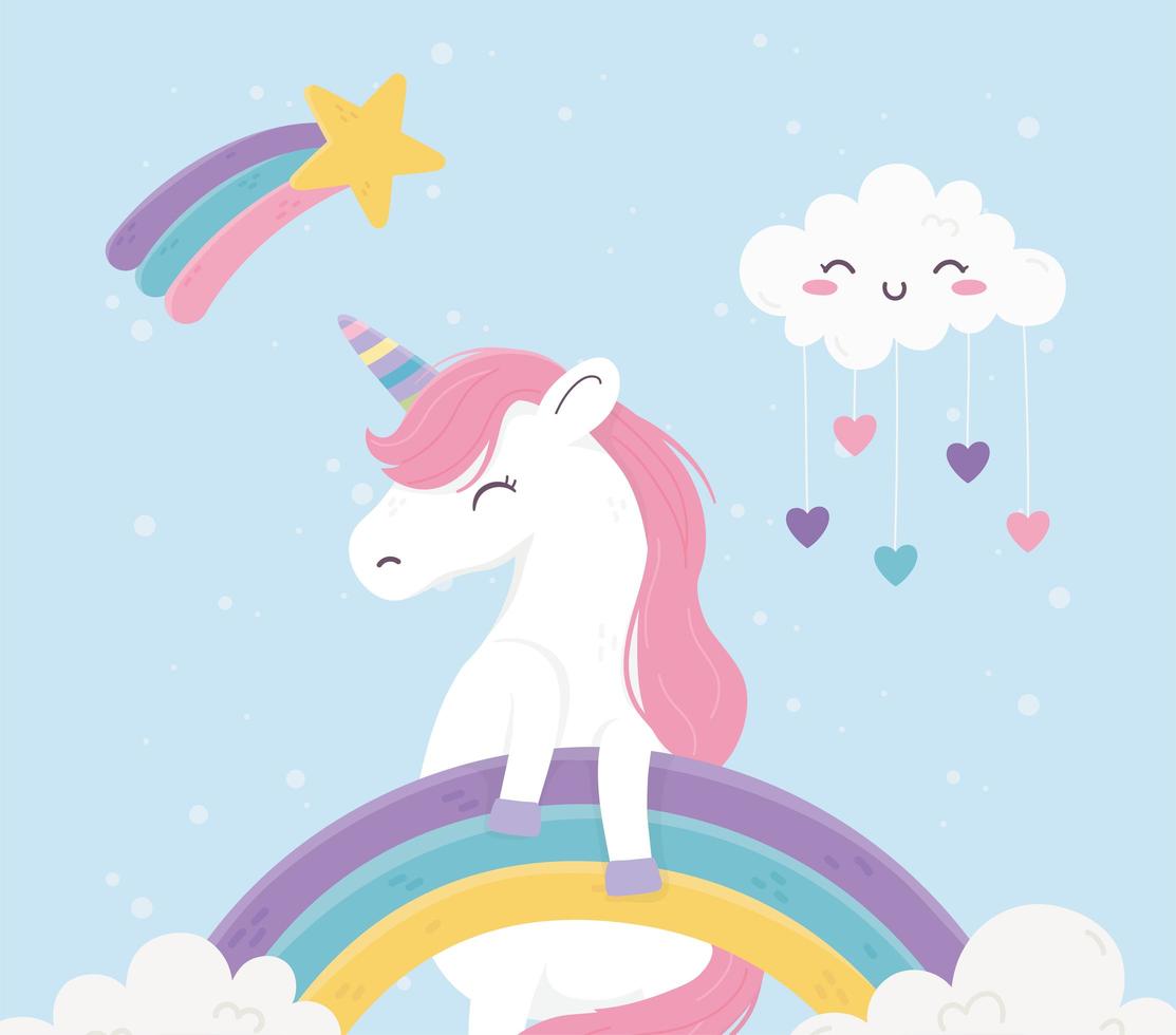 licorne arcs en ciel nuages cœurs amour fantasy magie rêve mignons dessin animé vecteur