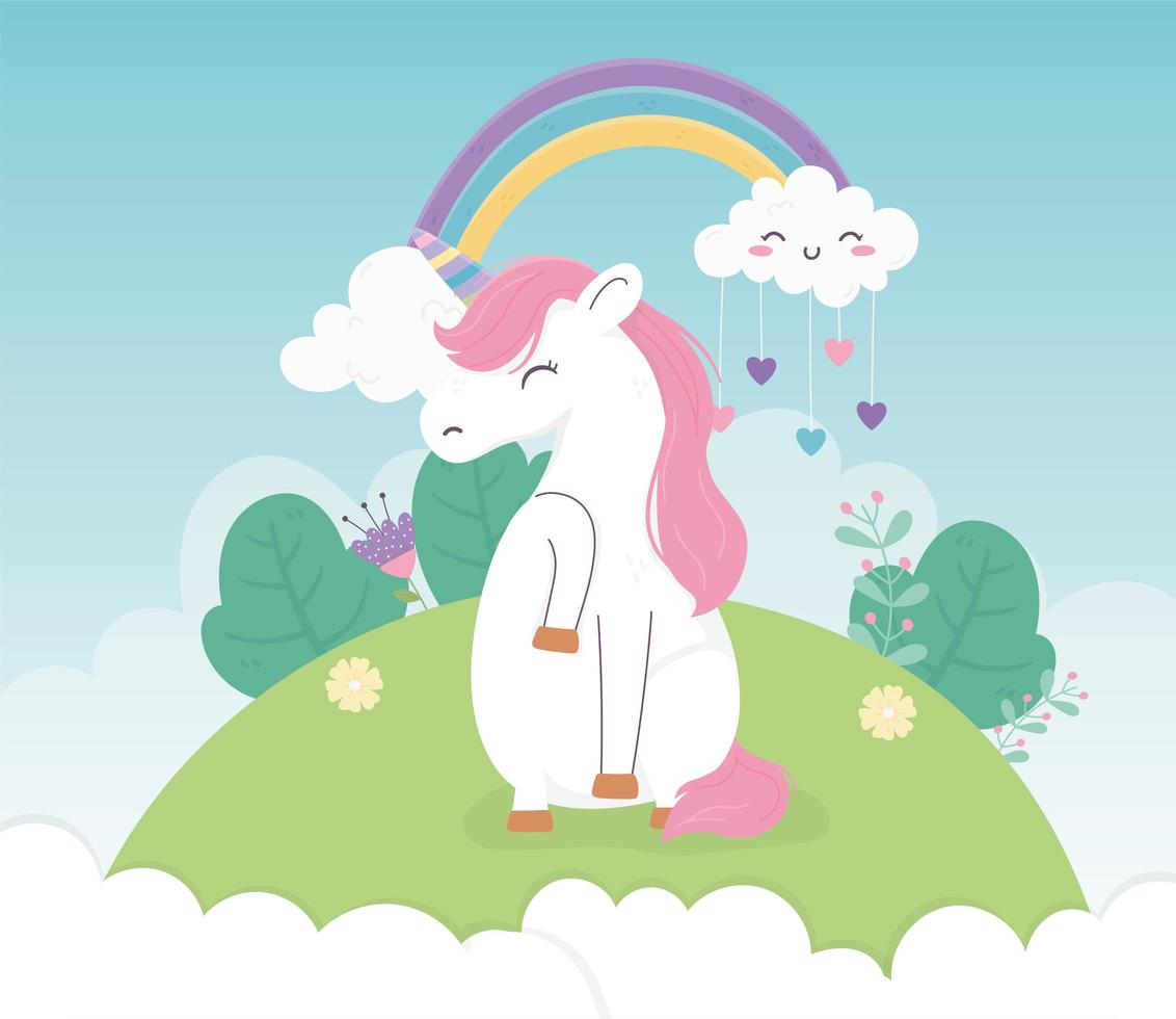 licorne paysage nuage coeurs arc en ciel fantasy mignons dessin animé vecteur