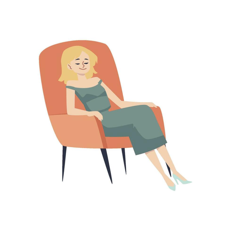 détendu femme est assis ou dort dans fauteuil, plat vecteur illustration isolé sur blanc Contexte.