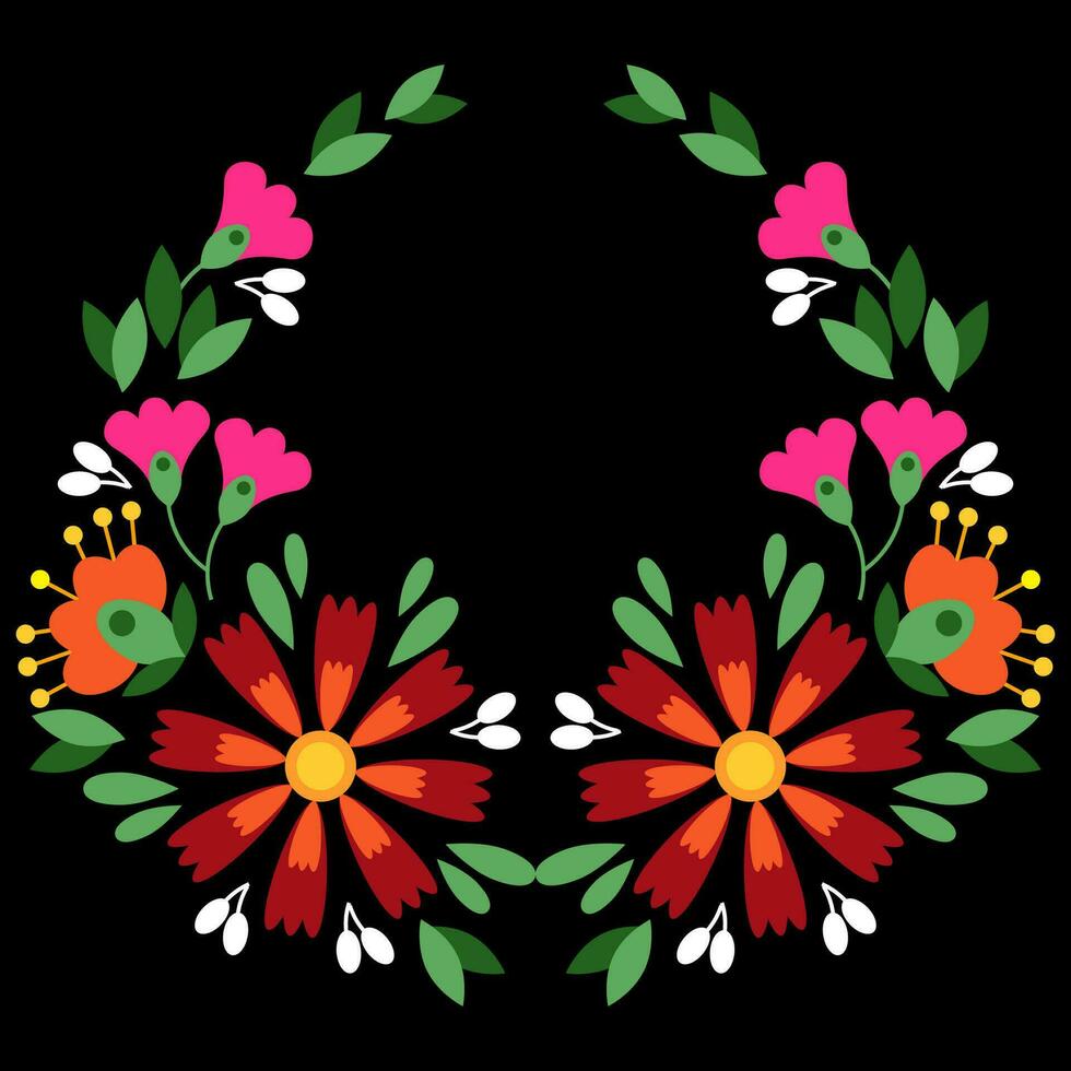 floral mexicain broderie dans le forme de une couronne sur une noir Contexte vecteur