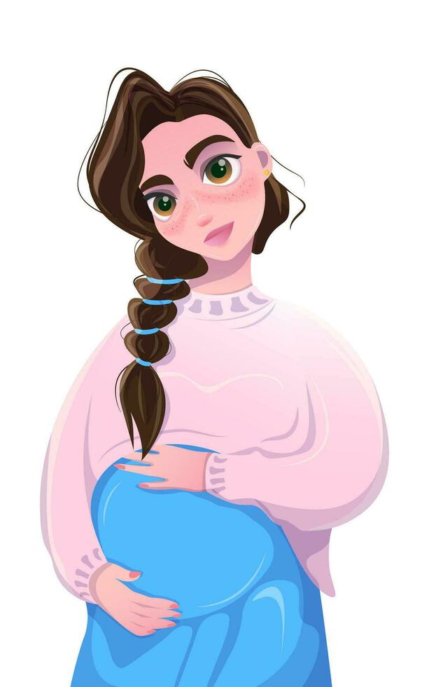 Enceinte fille personnage. vecteur dessin dans dessin animé style. une Jeune mère est attendant une bébé et câlins sa ventre avec sa mains.