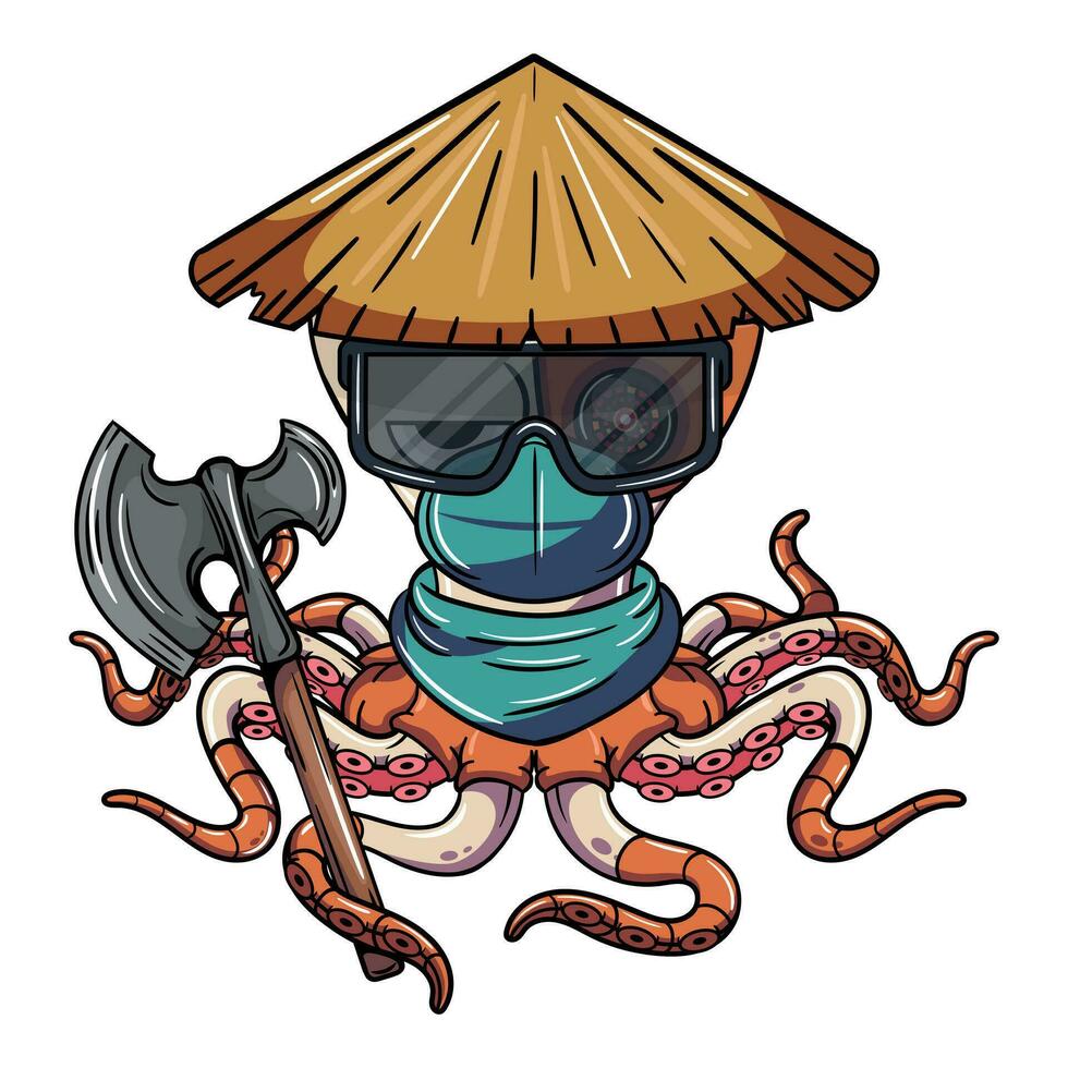 dessin animé cyborg poulpe personnage avec chinois chapeau, une guerre hache, des lunettes et une visage masque. illustration pour fantaisie, science fiction et aventure des bandes dessinées vecteur