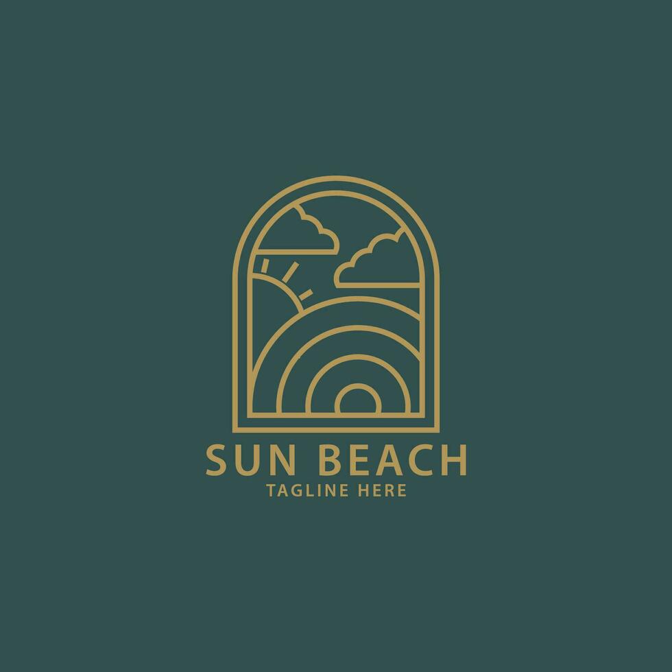 élégant branché Soleil le coucher du soleil avec océan mer plage l'eau logo et noix de coco arbre vecteur icône dans tendance linéaire doubler, contour logo vecteur