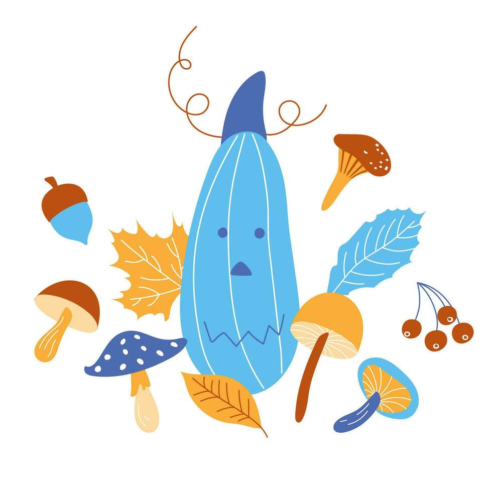 l'automne citrouille pour Halloween, décoré avec l'automne forêt les plantes de différent couleurs. une bleu citrouille entouré par feuilles et champignons est isolé sur une blanc Contexte. vecteur