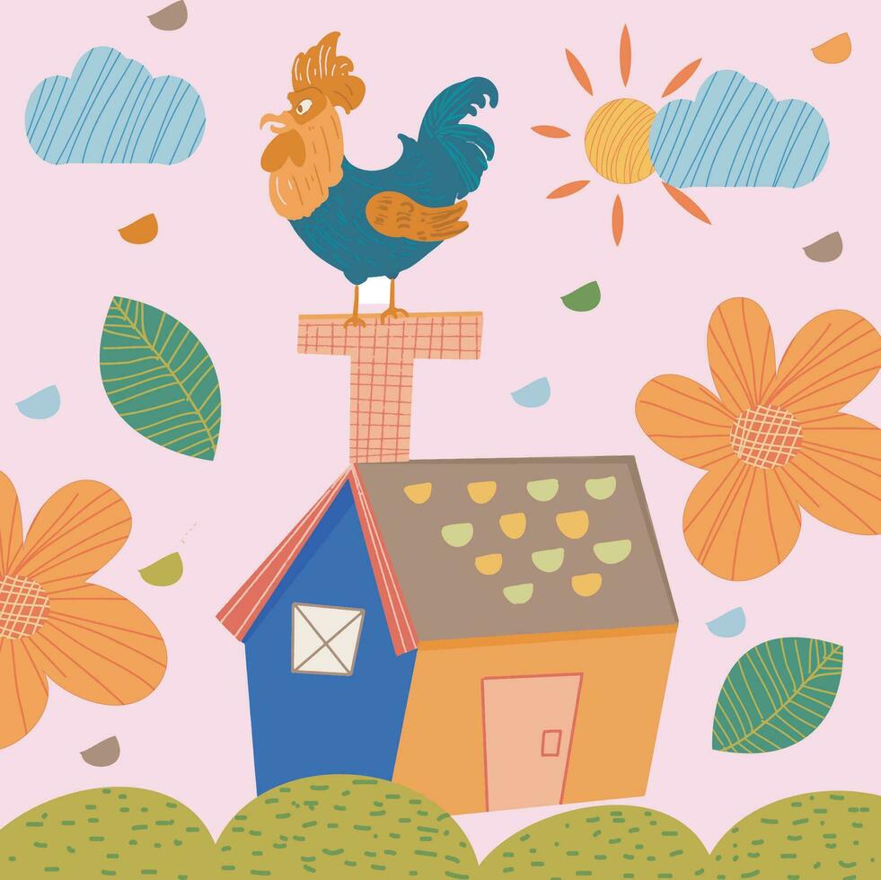 coq illustration à en haut maison ferme avec fleur Soleil et nuage affiche vecteur