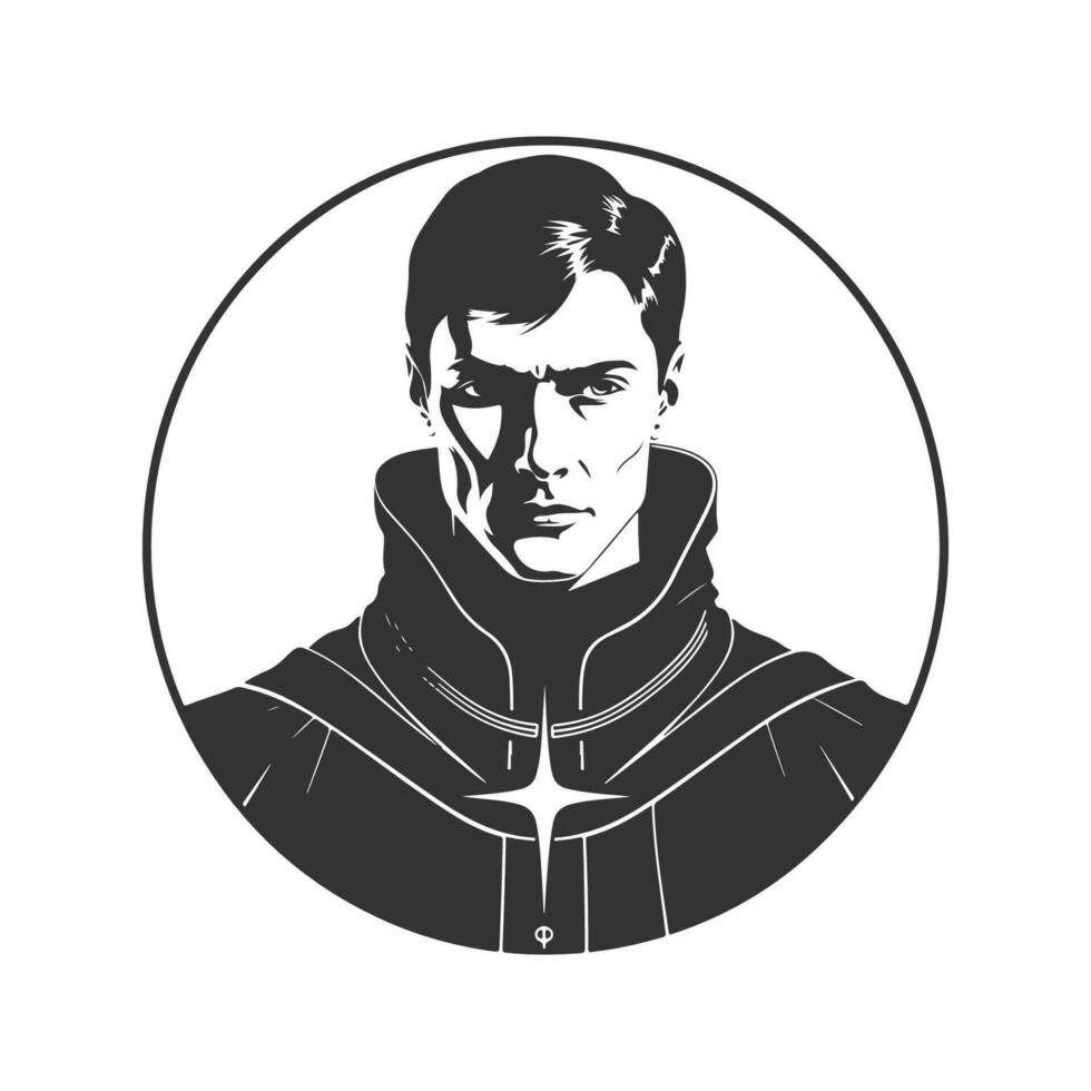 acolyte prince, ancien logo ligne art concept noir et blanc couleur, main tiré illustration vecteur